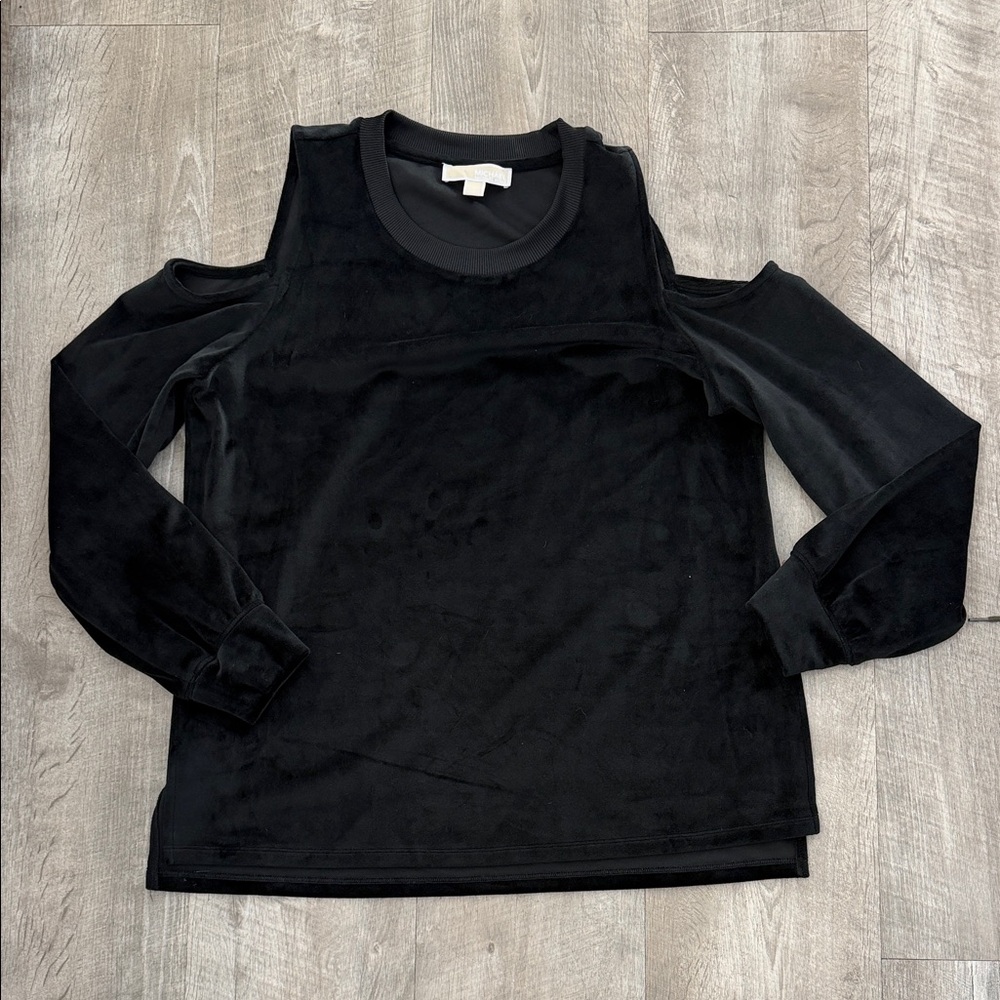 MICHAEL Michael Kors Black Velour Cold Shoulder Long Sleeve Top L